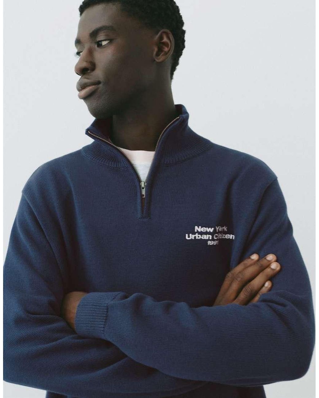 Pull&Bear Blue Embroidered Quarter-zip Sweatshirt for men