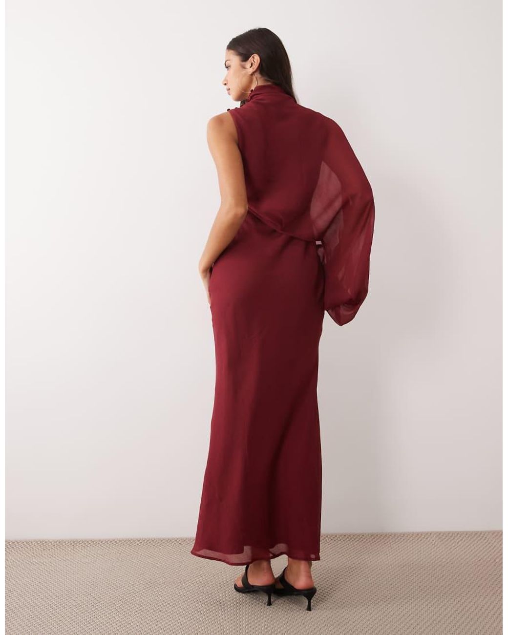 ASOS Red One Sleeve Blouson Overlay Bias Cut Maxi Dress