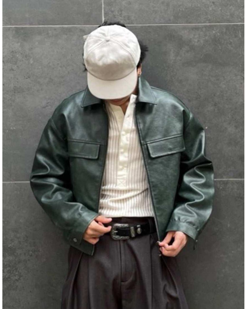Bershka Green Boxy Faux Leather Jacket for men