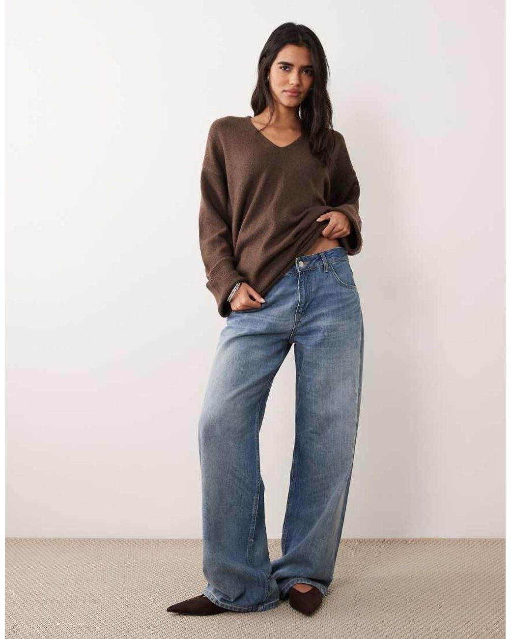Vila Brown V Neck Knit Tunic Jumper