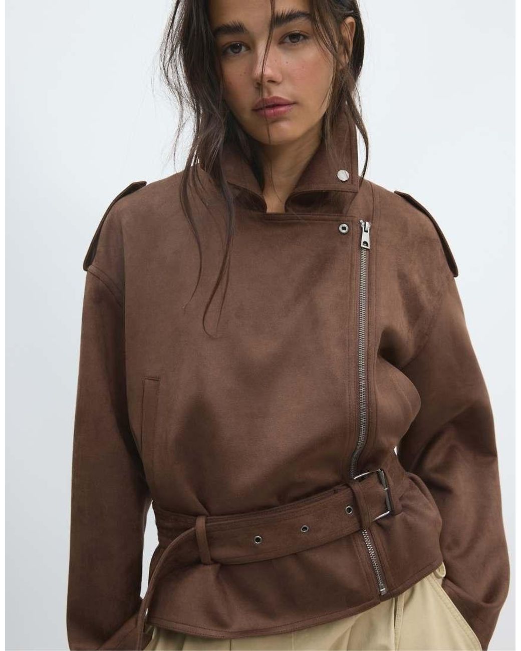 Stradivarius Natural Biker Jacket With Belt