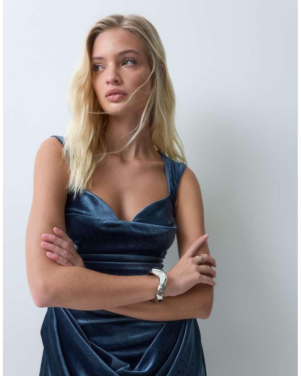 ASOS Blue Structured Velvet Midi Dress With Draped Skirt