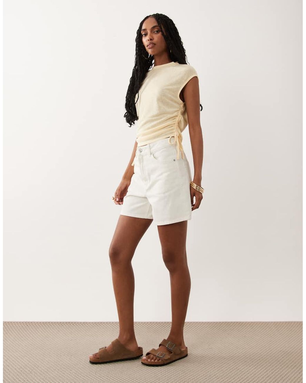 ASOS Natural Sheer Slub Short Sleeve Top With Ruching Detail