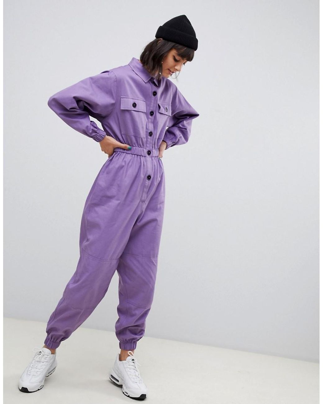 ASOS Boilersuit With Contrast Buttons in Purple Lyst Australia