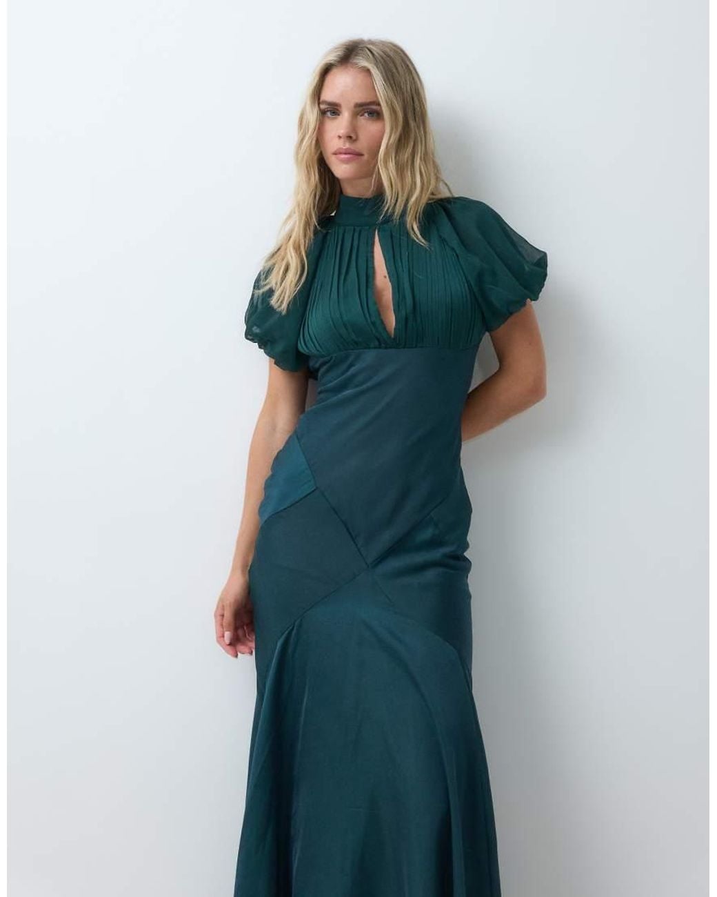 ASOS Green Asos Design Petite Satin Chiffon Mix Maxi Dress With Puff Sleeve