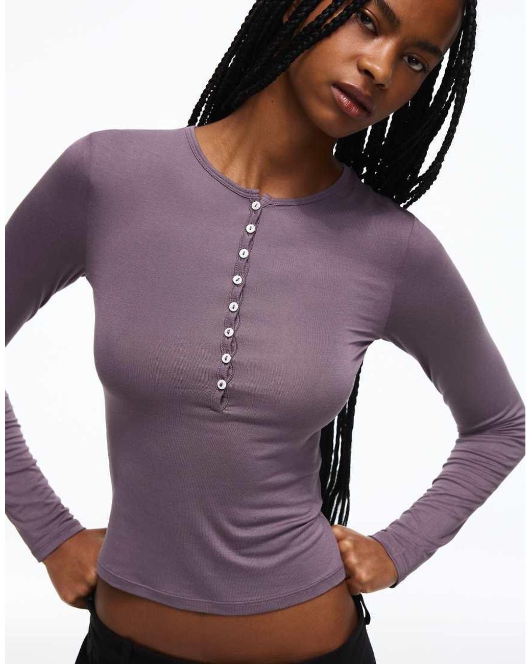 Bershka Purple Henley Long-sleeve T-shirt