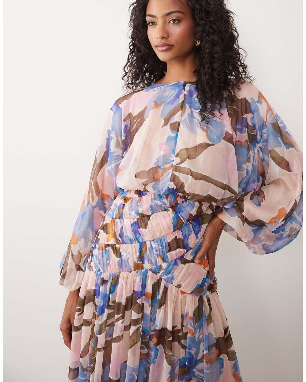 ASOS Pink Long Sleeve Blouson Maxi Dress With Gauged Ruched Waist Detail