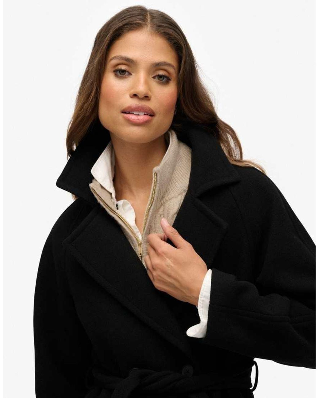 Superdry Black Relaxed Long Wool Blend Coat