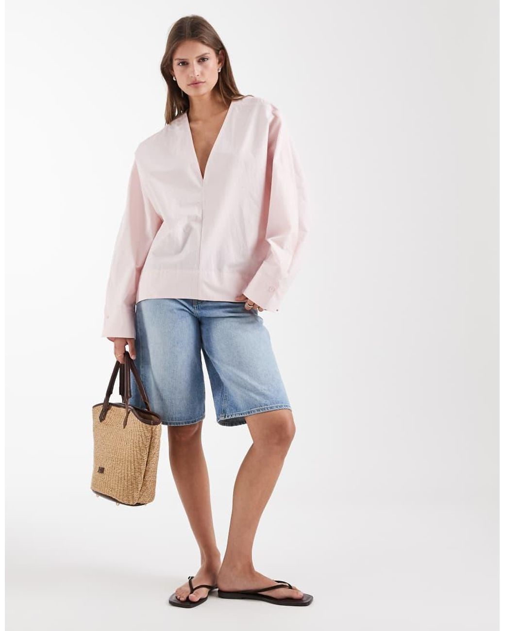 & Other Stories Pink Pure Cotton Poplin V Neck Balloon Shape Blouse