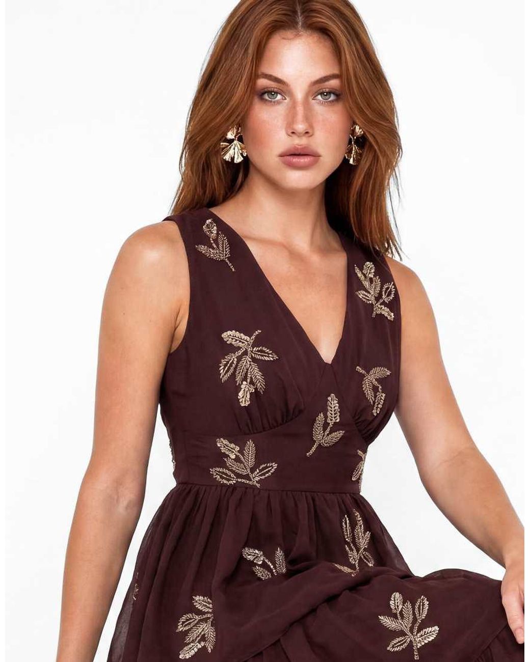 Maya Leaf Embellished Sleeveless V Neck Tiered Maxi Dress
