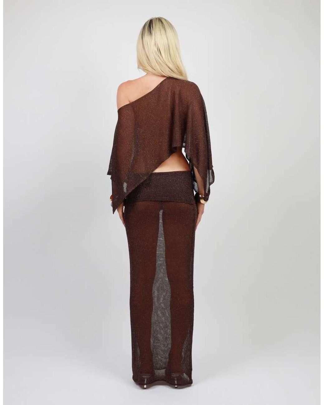 SIMMI Brown Foldover Sheer Knit Maxi Skirt