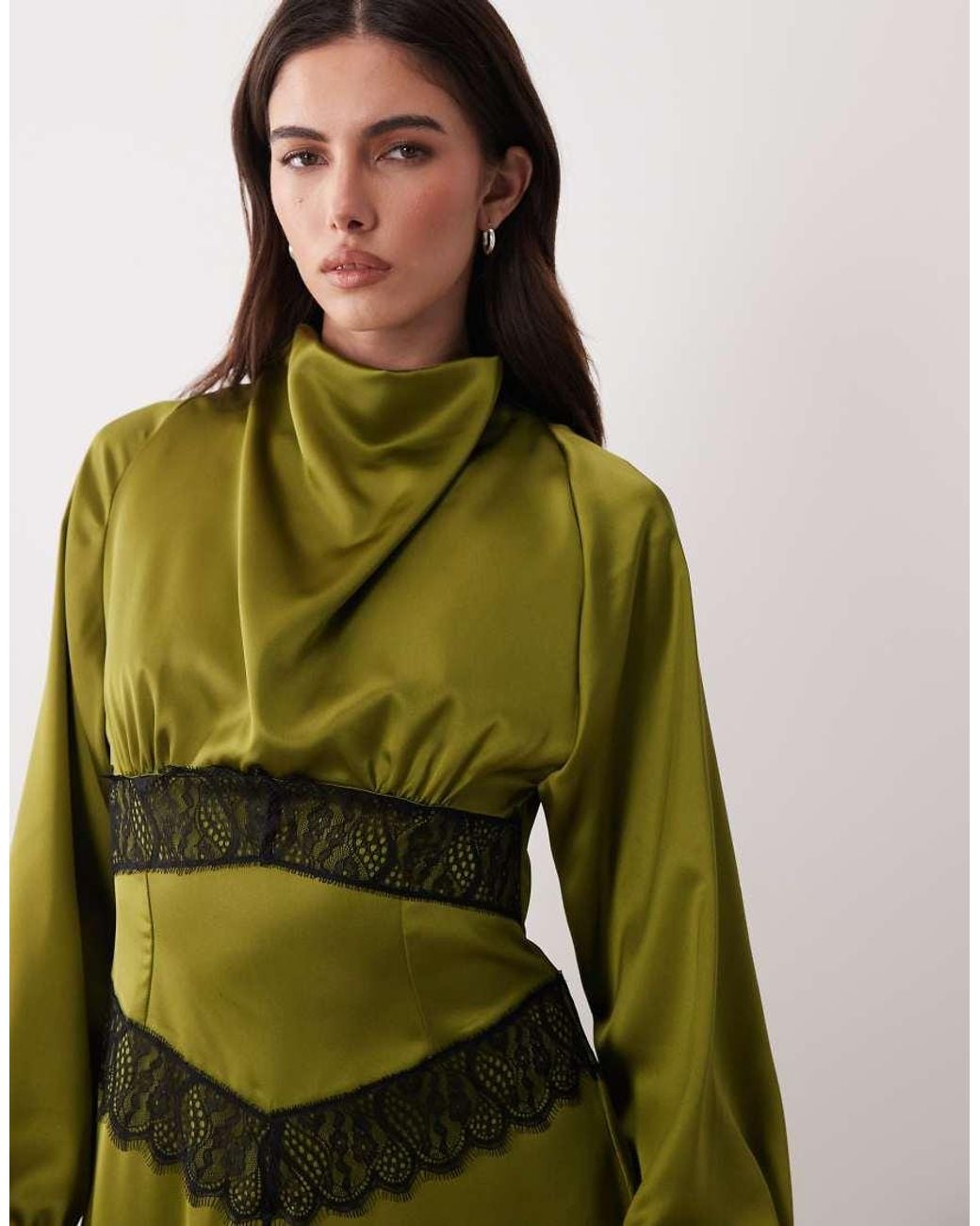 ASOS Green Satin High Neck Lace Detail Maxi Dress
