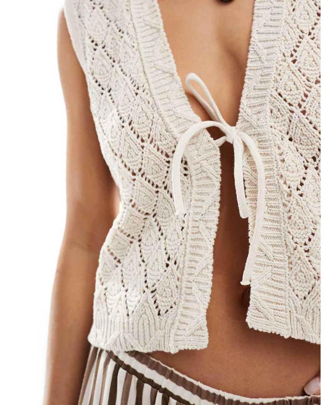 ONLY White Tie Front Crochet Vest