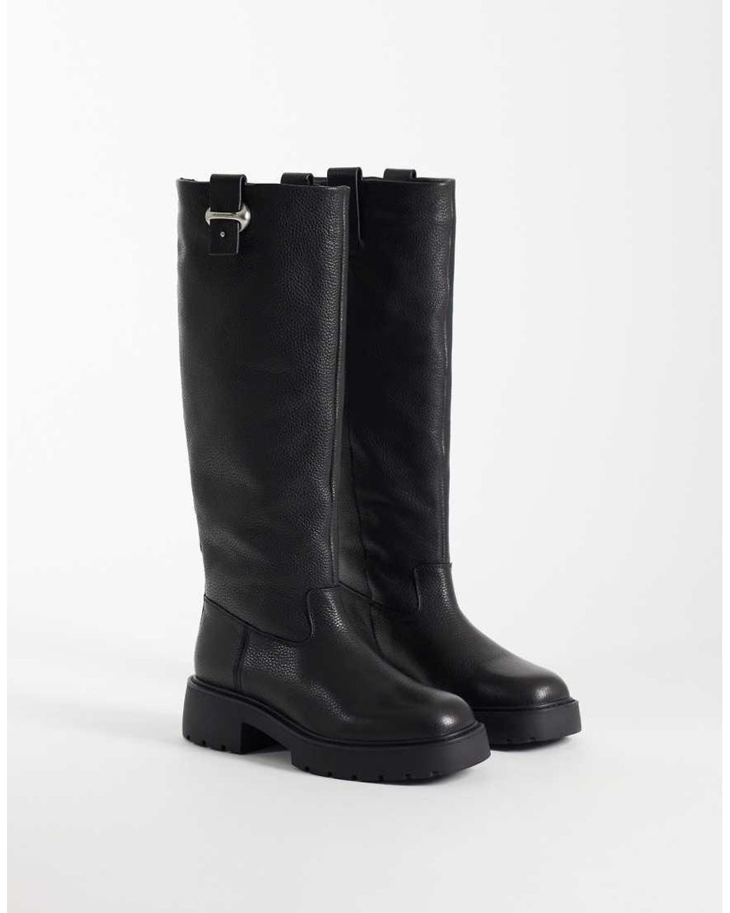 Calvin Klein Black Chunky Leather Knee High Boots With Silver Buckle Detail N