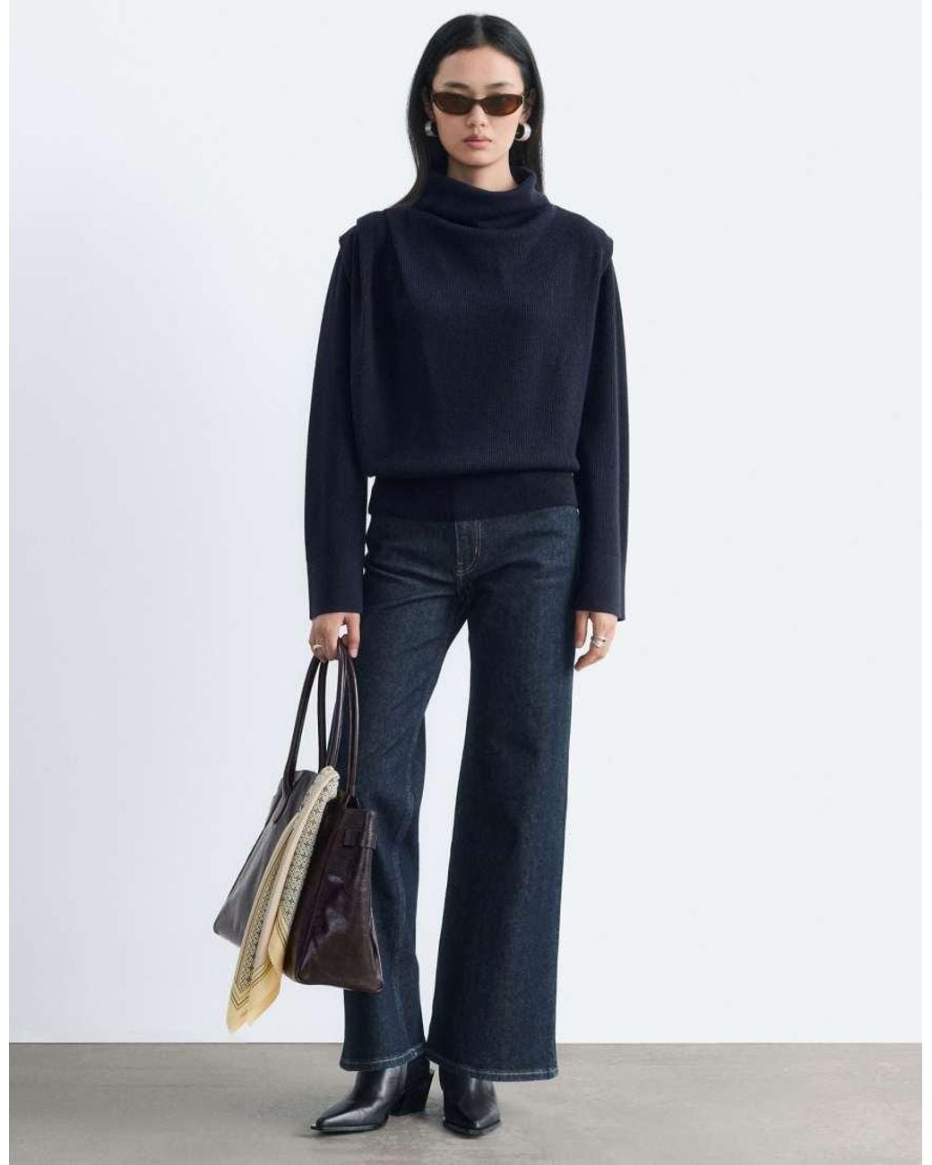 & Other Stories Blue Pure Wool Funnel Neck Sweater With Drape Shoulder Detail