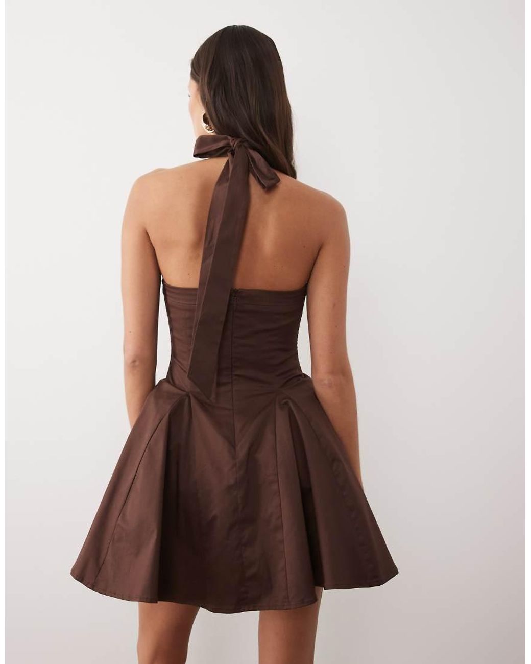 Wanderdoll Brown Marilyn Cotton Rich Structured Halterneck Shirred Bust Corset Detail Mini Dress