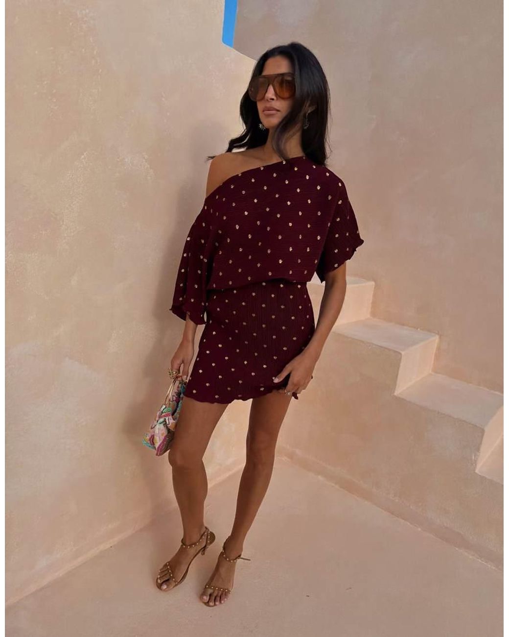 Never Fully Dressed Red Tilly Off Shoulder Plisse Mini Dress