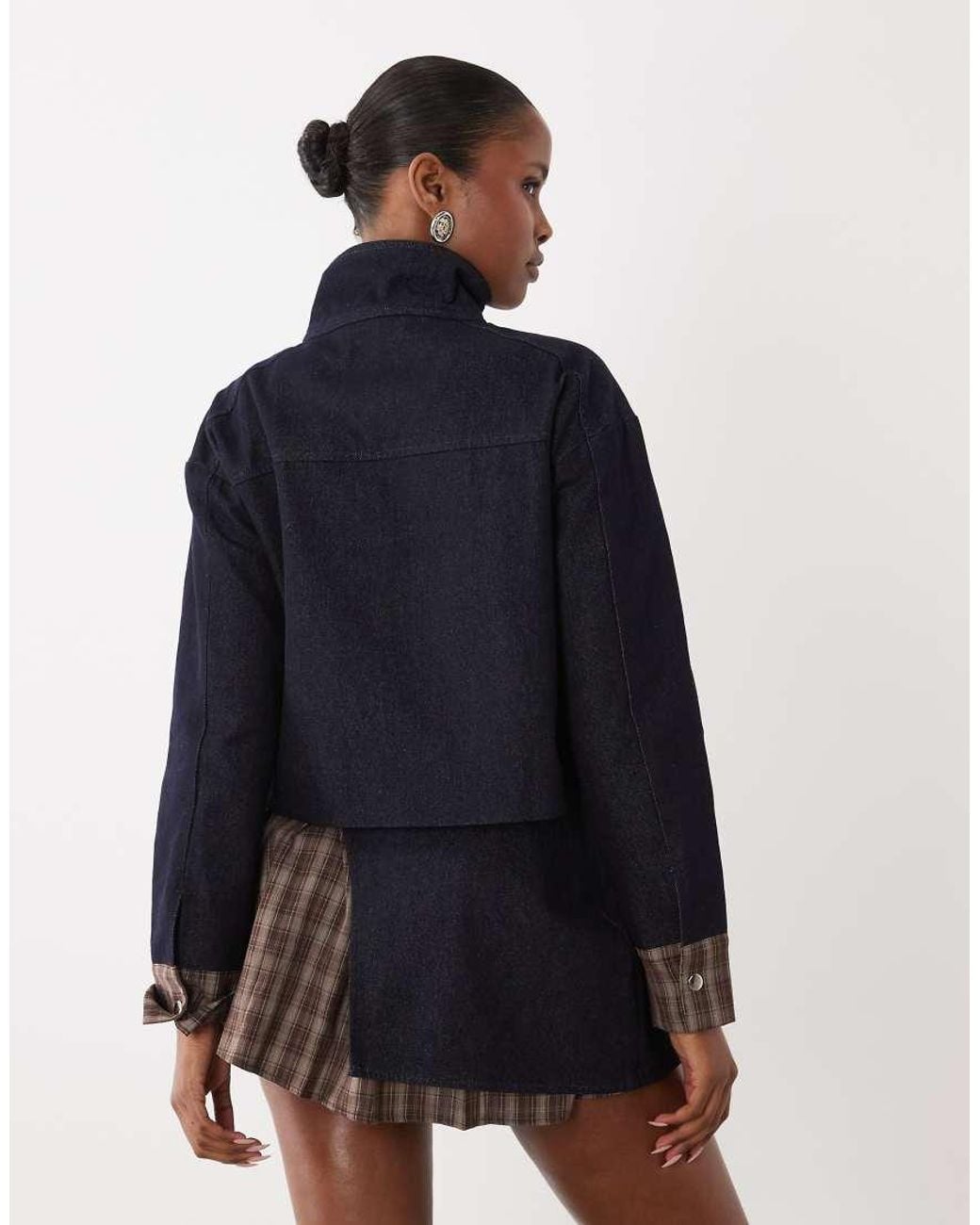 The Frolic Black Exclusive Denim Pleated Contrast Check Mini Skirt Co-Ord