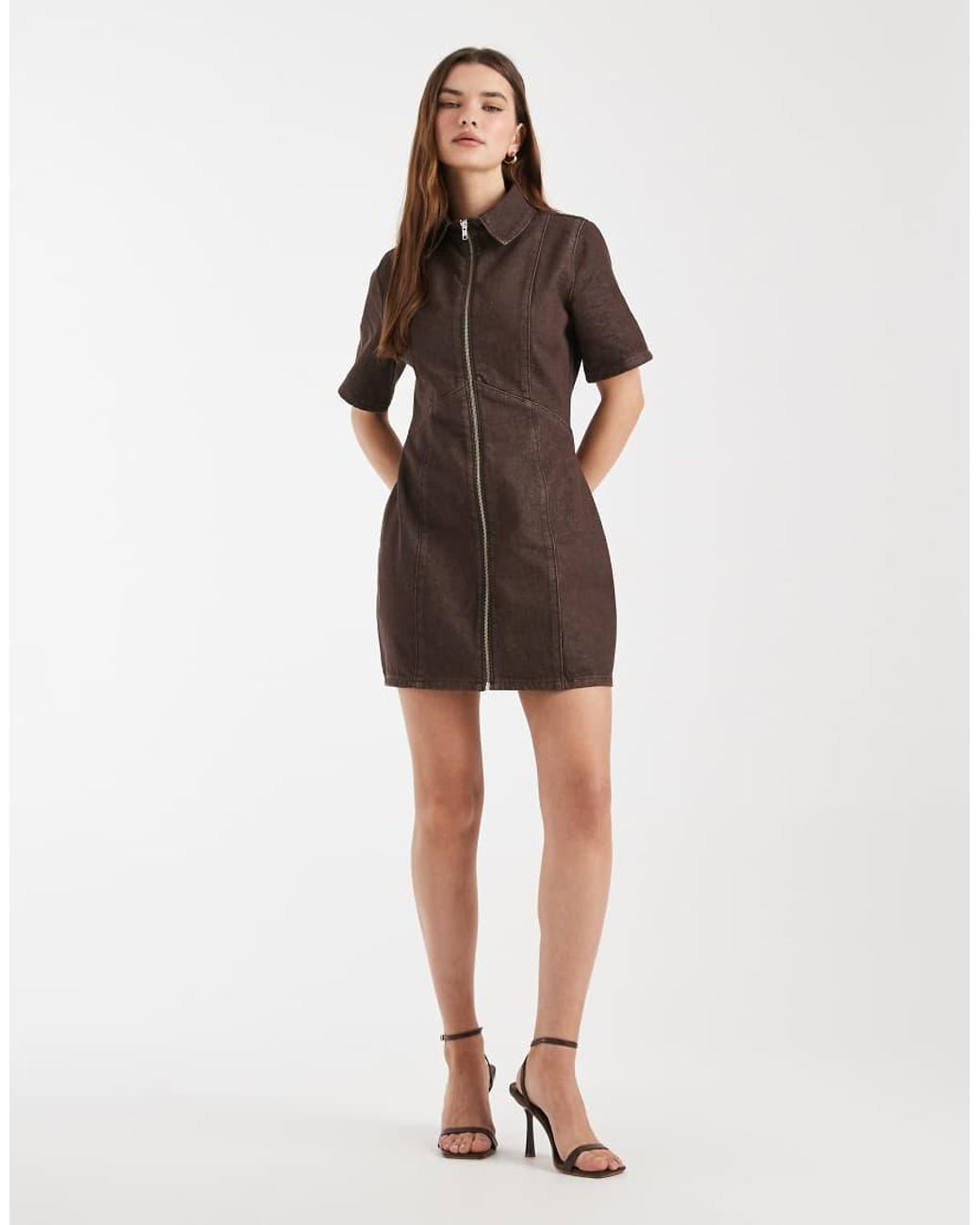 ASOS Brown Denim Zip Up Mini Dress