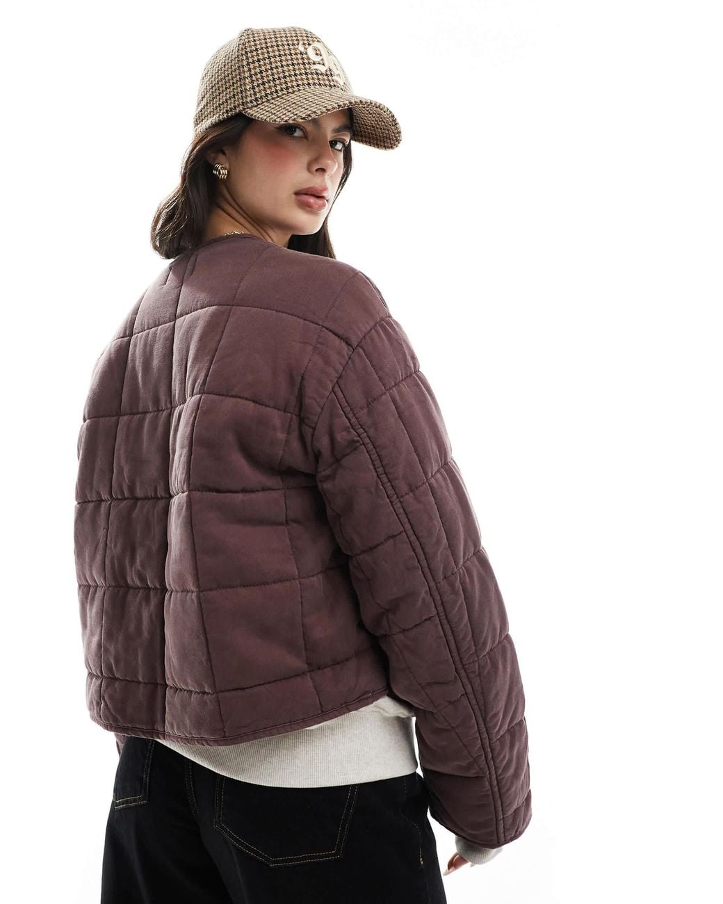 ASOS Purple Crop Collarless Quilted Jacket