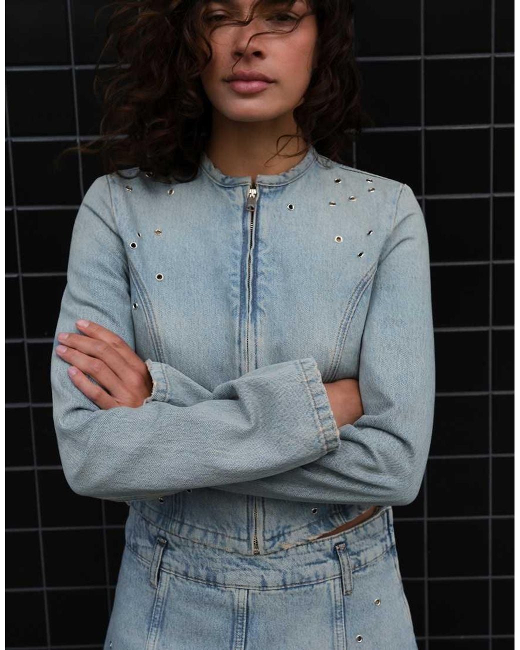 Pull&Bear Black Eyelet Denim Jacket