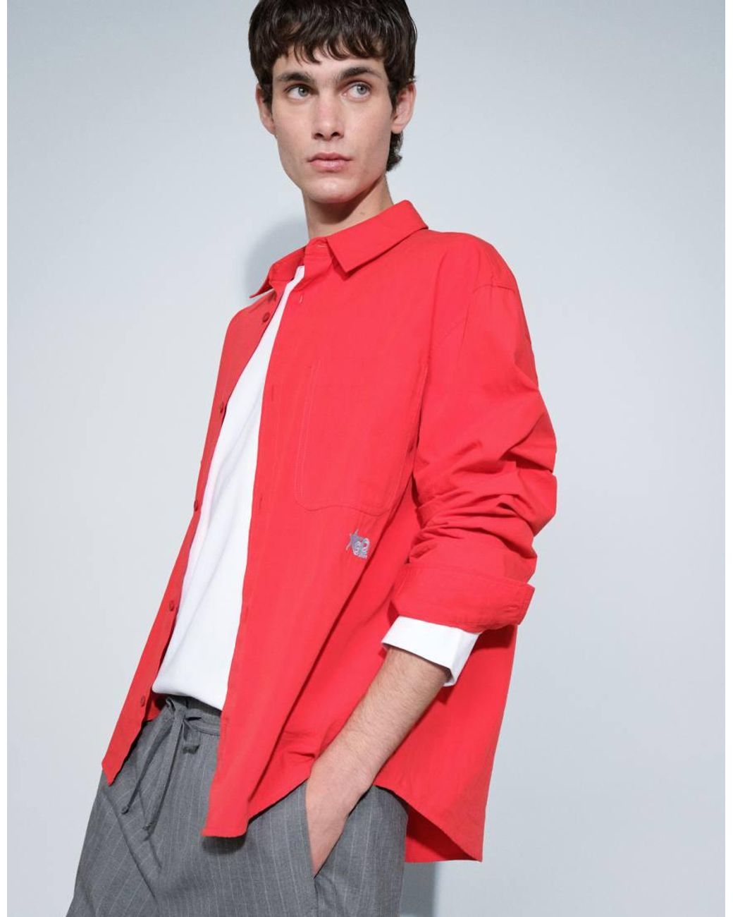 ASOS Red Oversized Poplin Shirt With Chest Embroidery for men