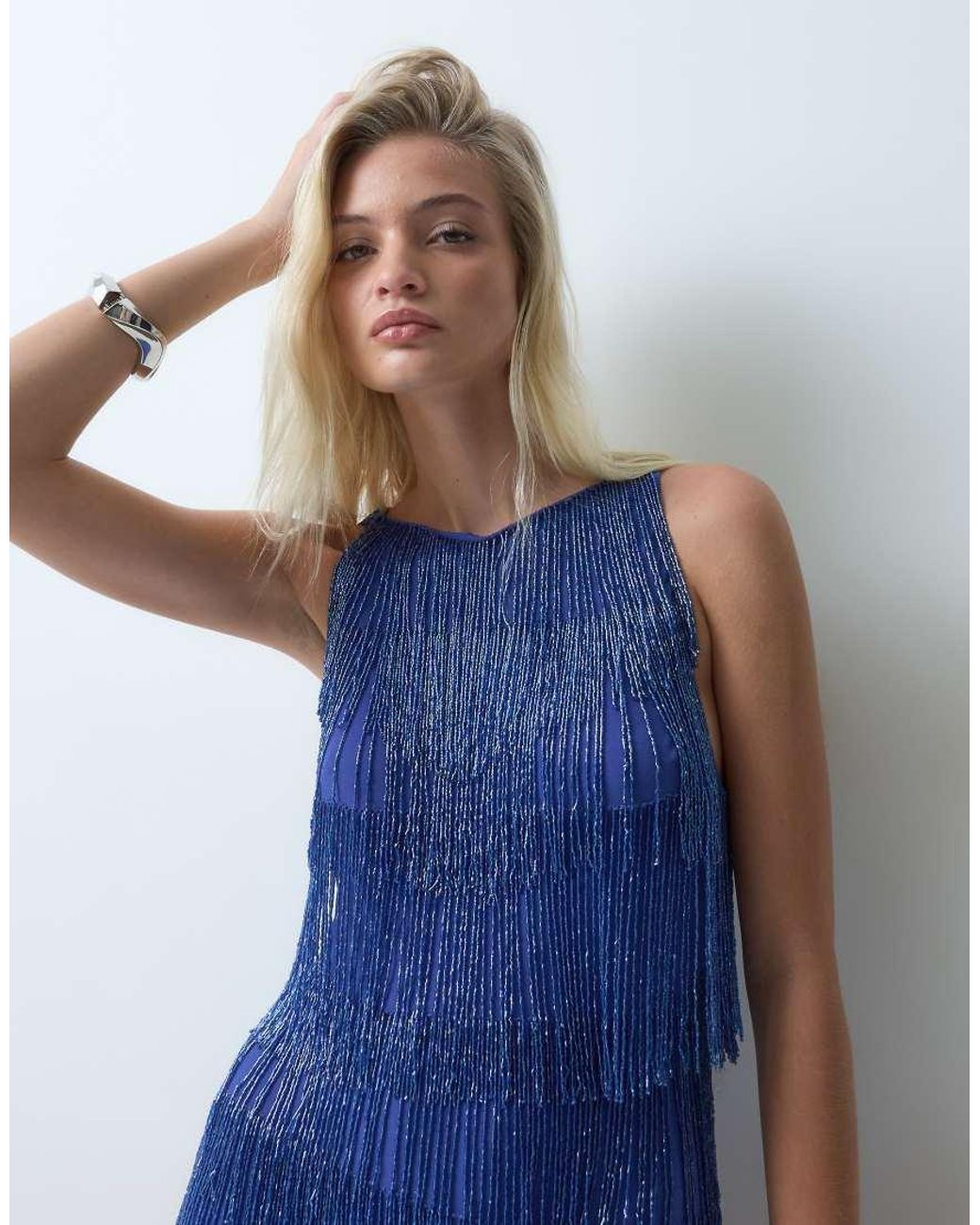 ASOS Blue Beaded Layered Fringe Mini Dress