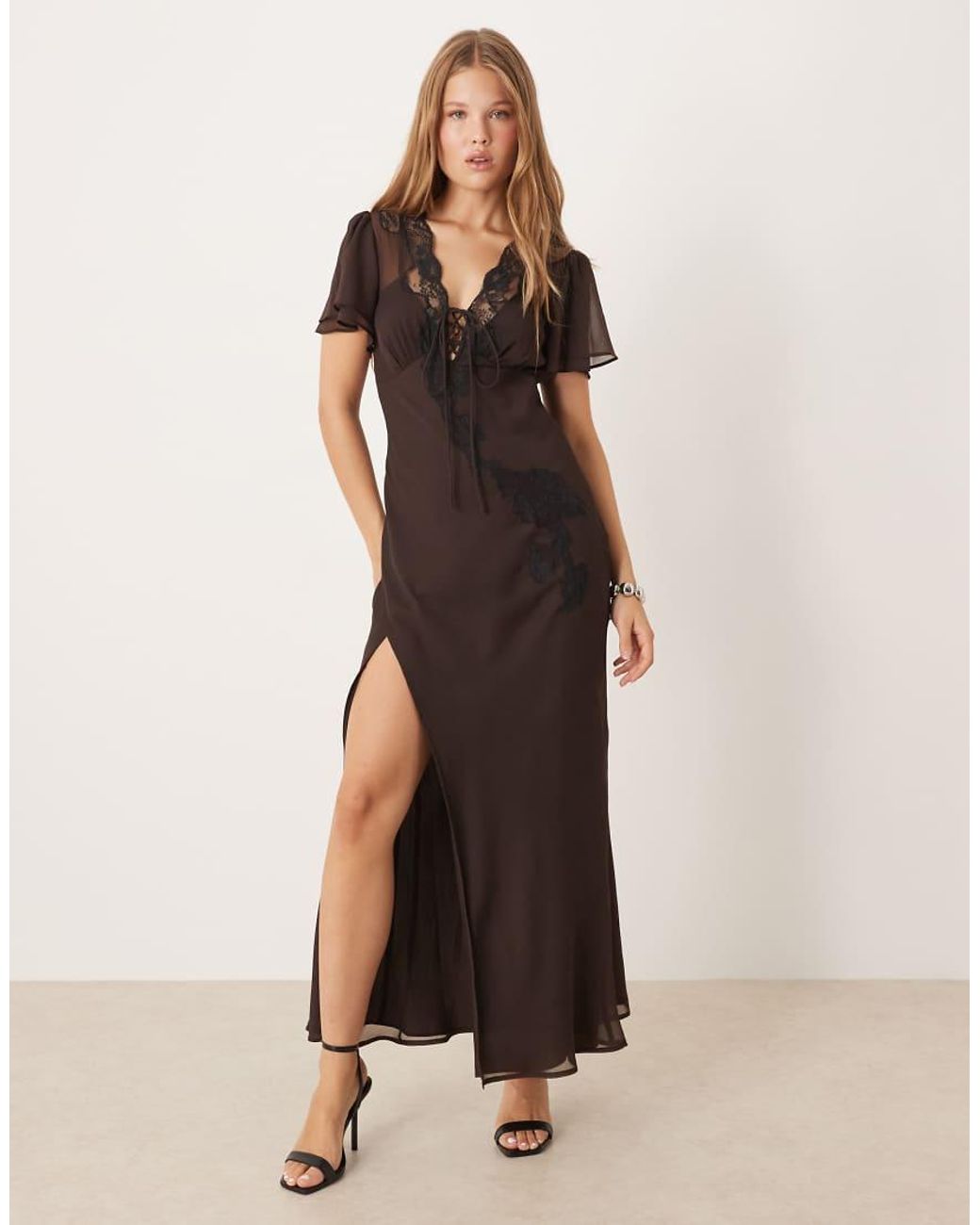 ASOS Natural Flutter Sleeve Tie Front Maxi Tea Dress With Lace Detail