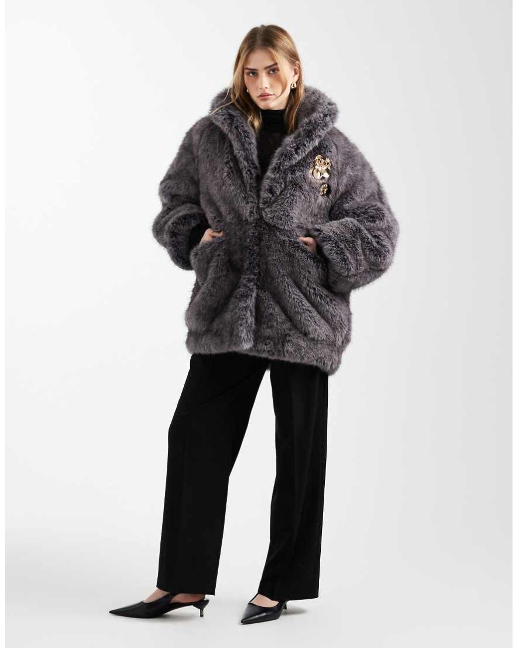 ASOS Black Vintage 80s Faux Fur Jacket With Gold Brooch Detailing