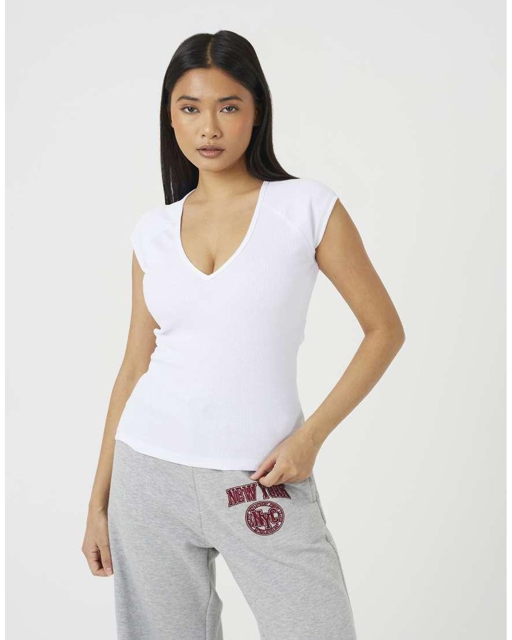 Brave Soul White Cap Sleeve V-Neck Fitted T-Shirt