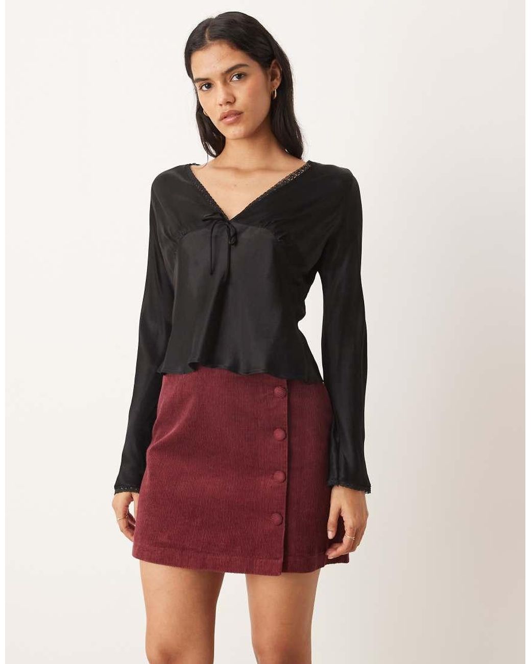 Nobody's Child Red Bingley Cord Wrap Button Front Mini Skirt