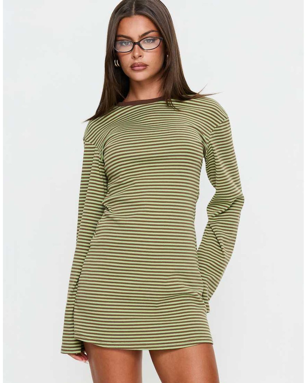 Princess Polly Green Lulolah Cotton Rich Long Sleeve Contrast Trim Mini Dress