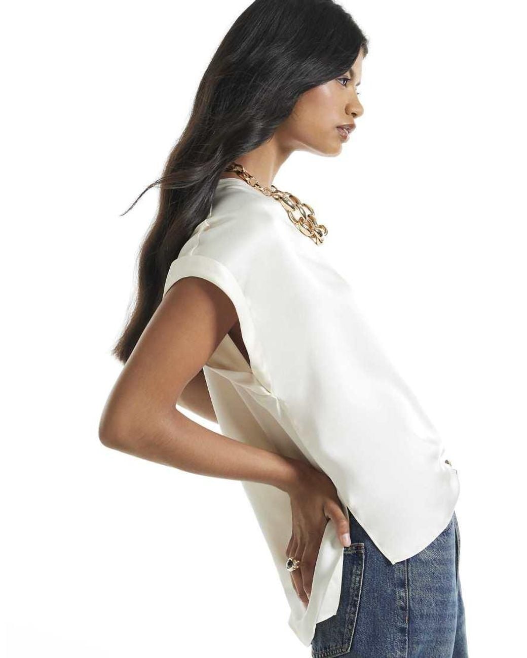 River Island Blue Satin Turn Back Cuff Blouse
