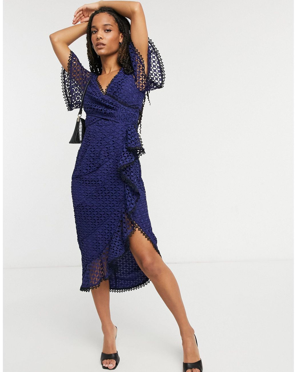 asos design flutter sleeve midi dress in corded lace
