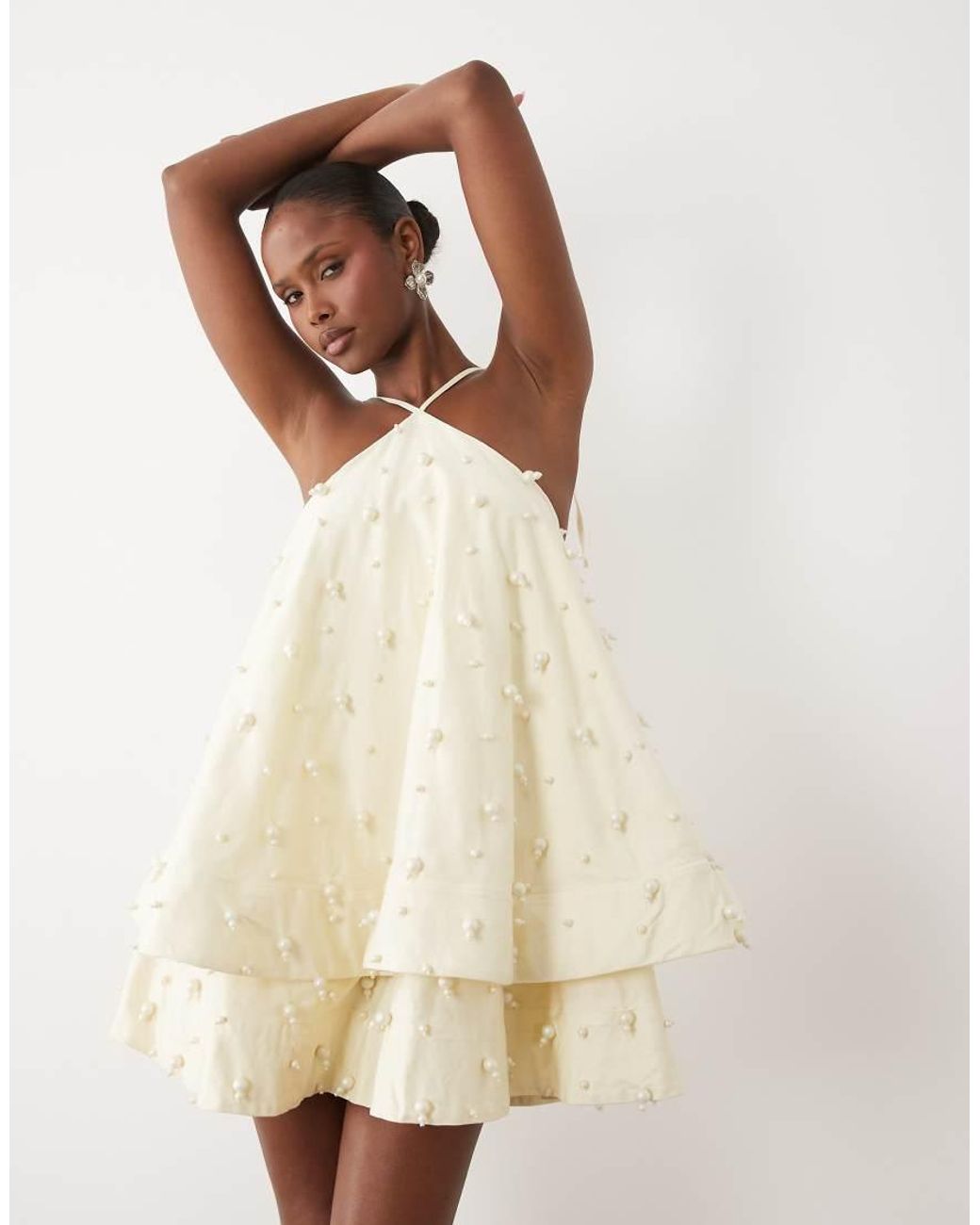 ASOS Natural Halter Neck Mini Dress With Pearl Embellished Beads