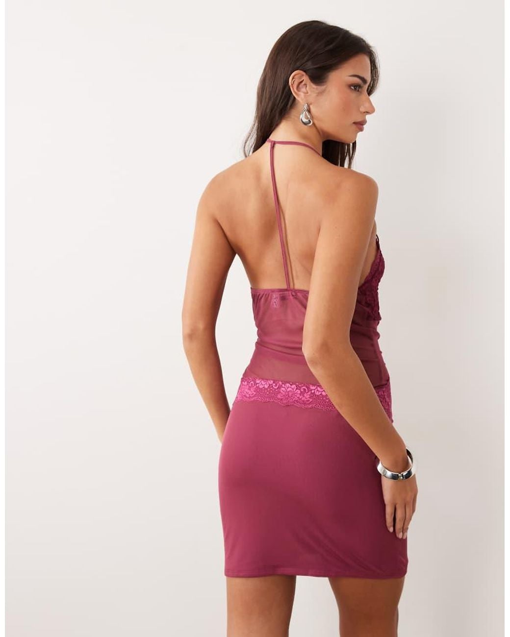 ASOS Red Lace And Mesh Mix Mini Plunge Bodycon Dress