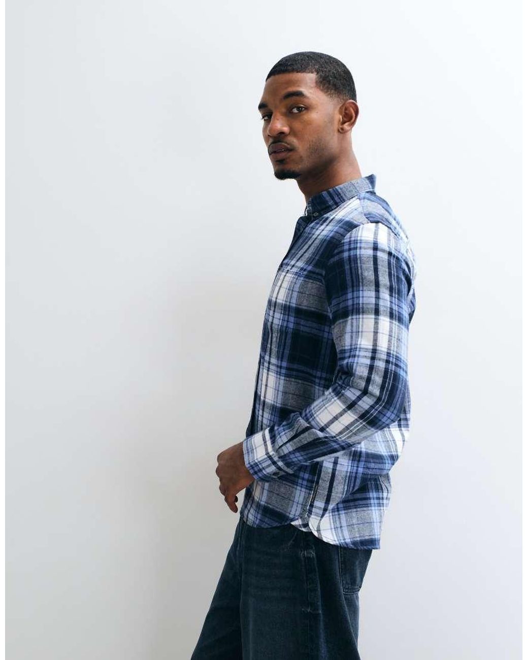 French Connection Blue Check Long Sleeve Flannel Shirt for men