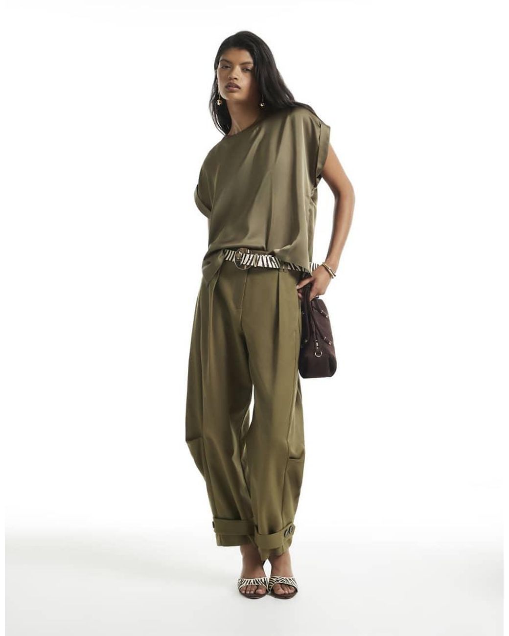 River Island Green Satin Turn Back Cuff Blouse