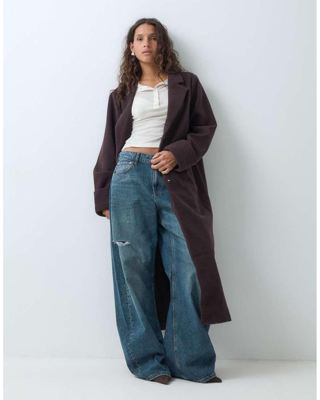 Noisy May Blue Wool Look Maxi Overcoat