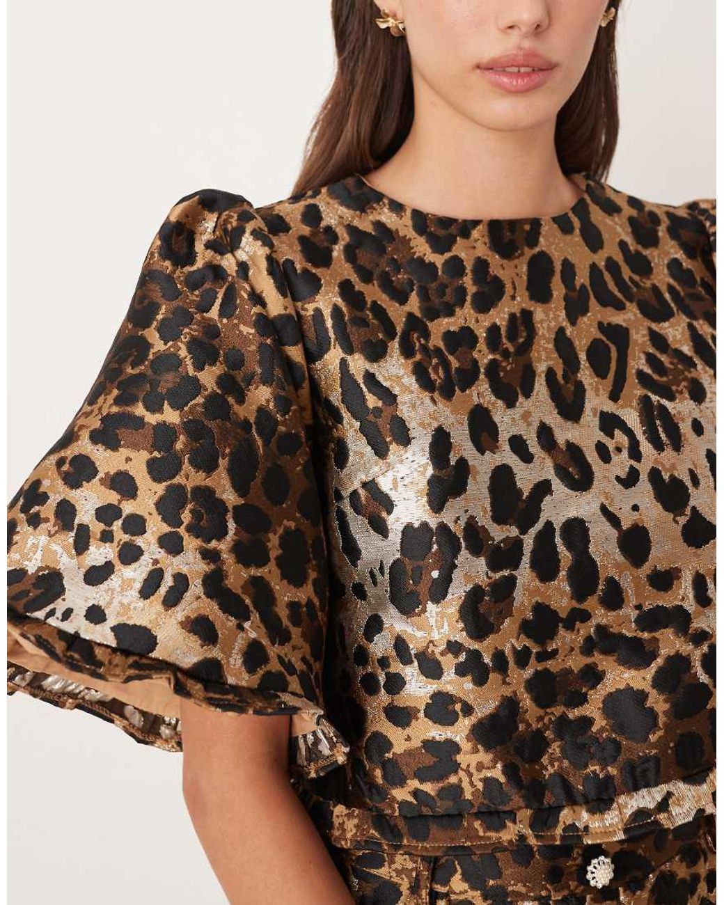 Sister Jane Brown Jacquard Bell Sleeve Crop Top Co-ord