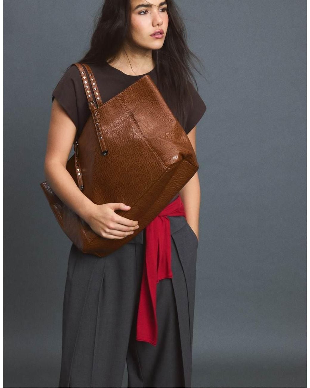 Stradivarius Brown Studded Shopper Bag With Handles