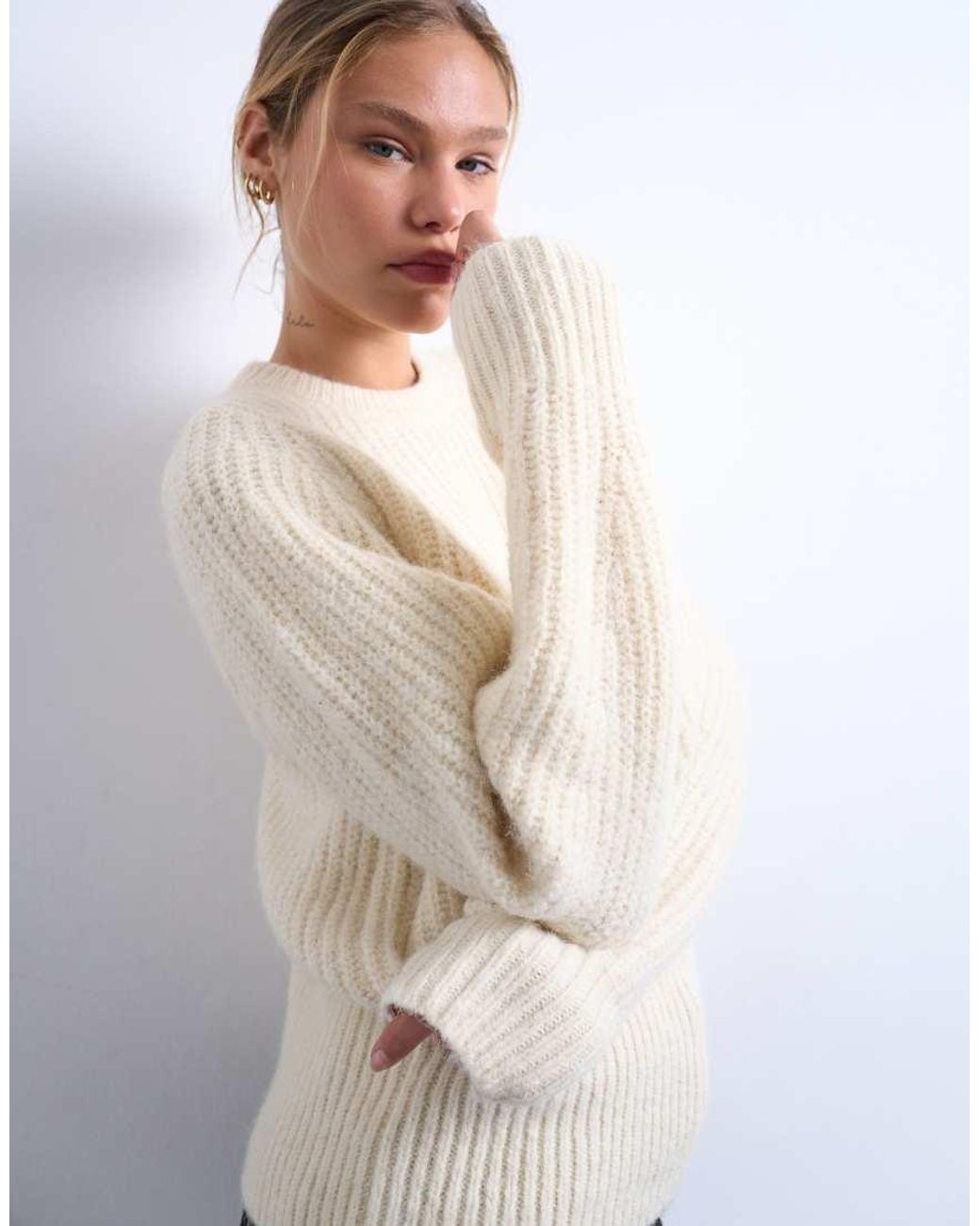 TOPSHOP White Knitted Rounded Sleeve Jumper