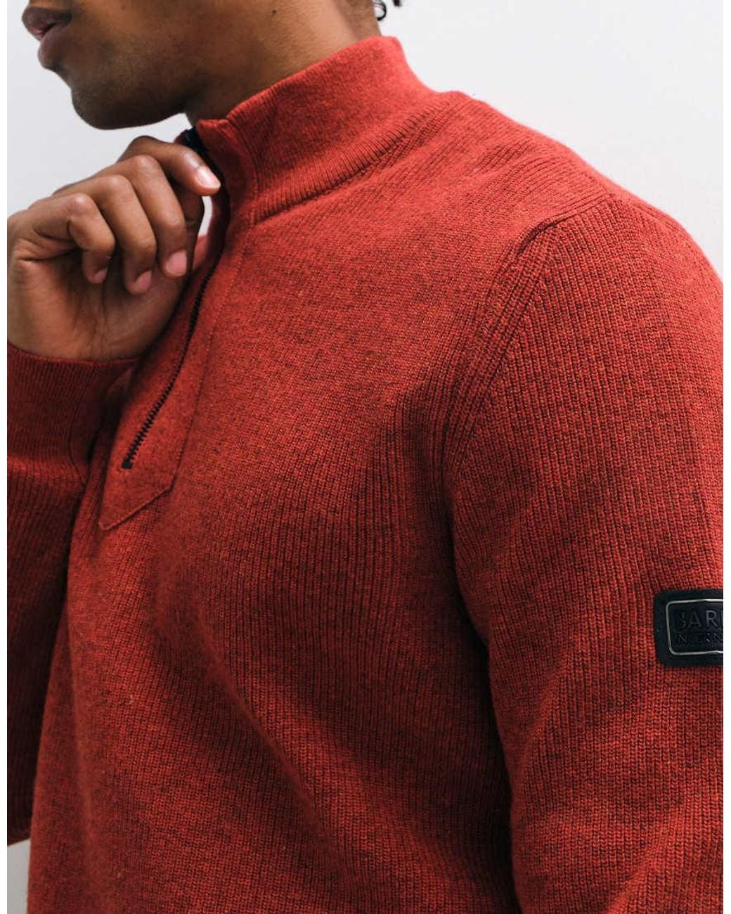 Barbour Red Crawley Wool Blend Half Zip Funnel Neck Jumper for men