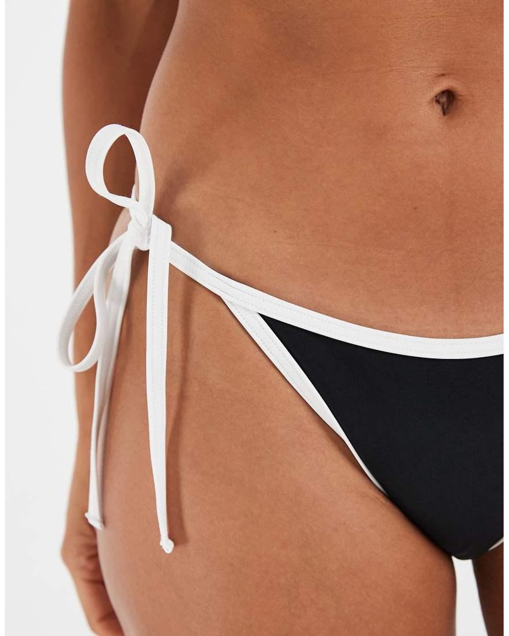 Wolf & Whistle Natural Tie Side Bikini Bottoms With Contrast Piping