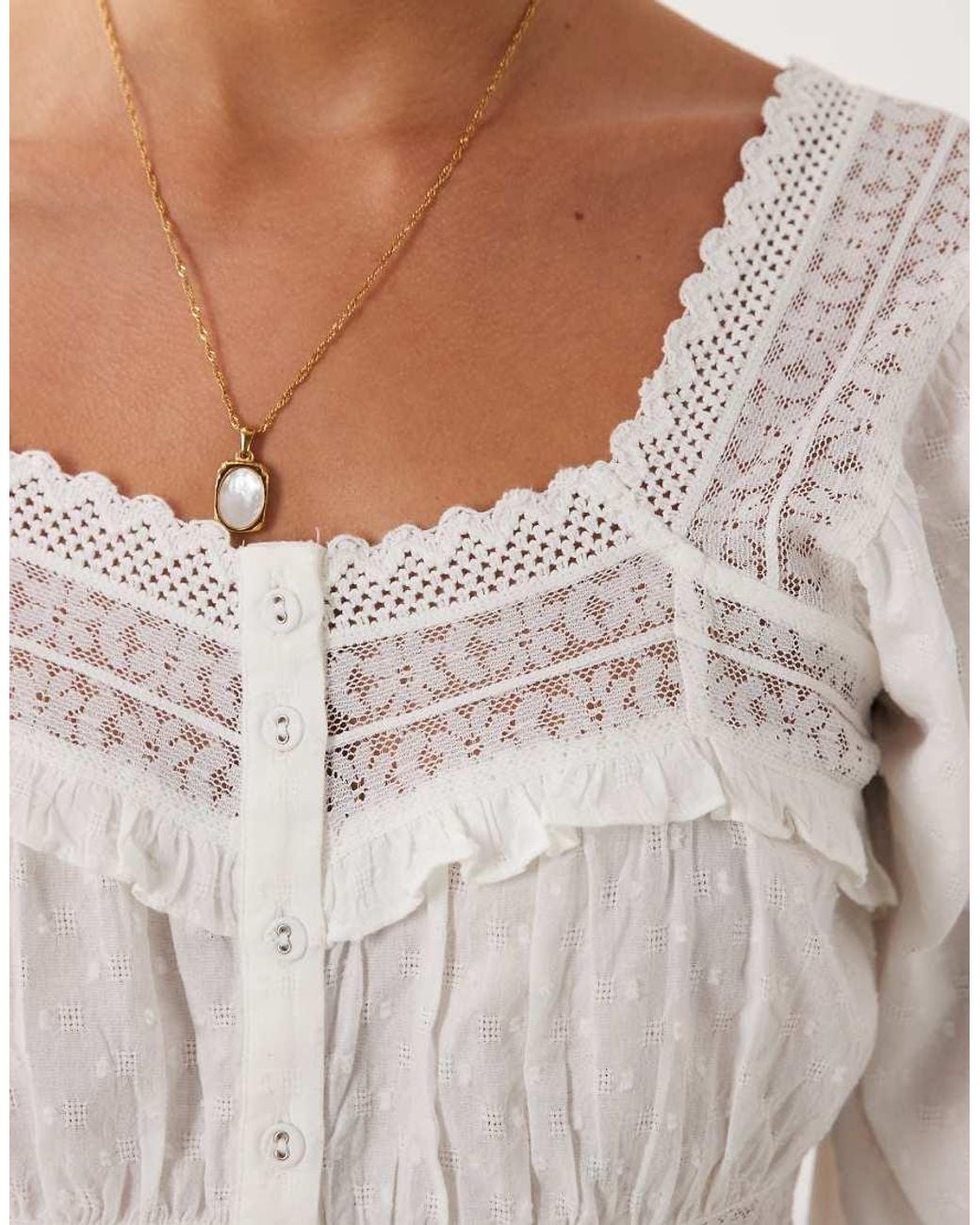 Nobody's Child White Lola Cotton Square Neck Puff Sleeve Lace Insert Top