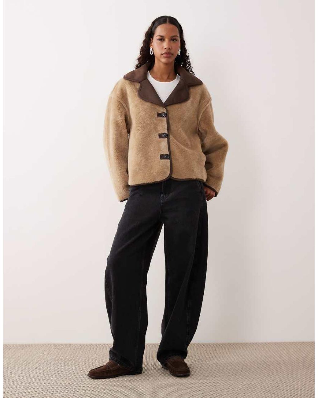 Pimkie Natural Teddy Suede Collared Trim Button-through Jacket