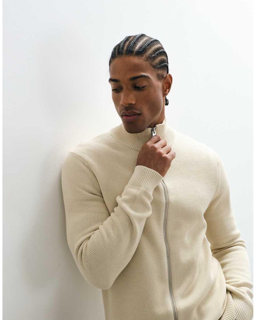 SELECTED Natural Double Zip Ribbed Knit Jumper for men