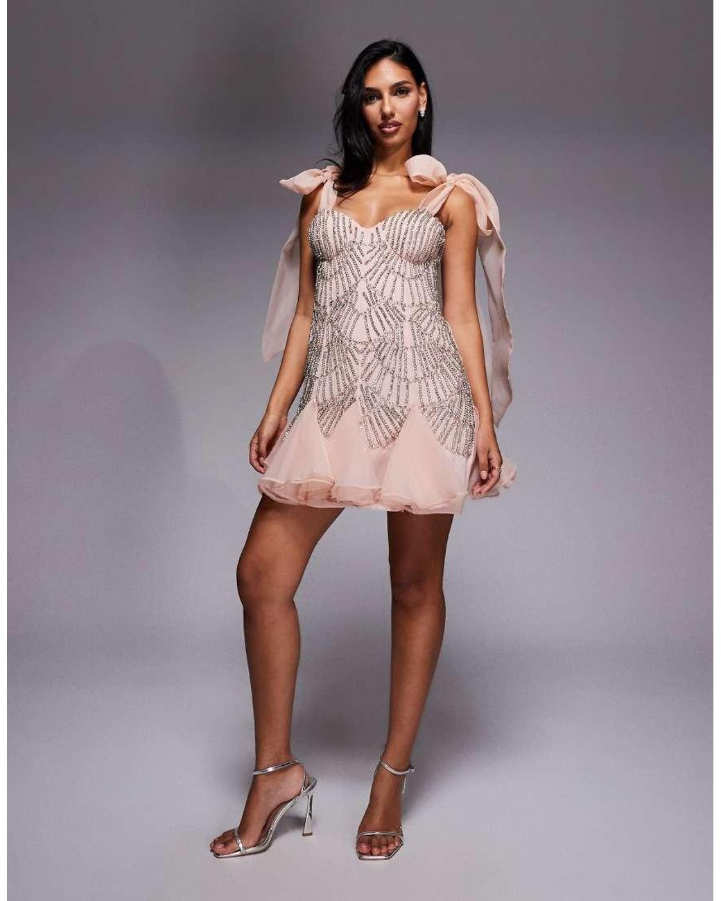 ASOS Pink Organza Tie Shoulders Embellished Mini Dress