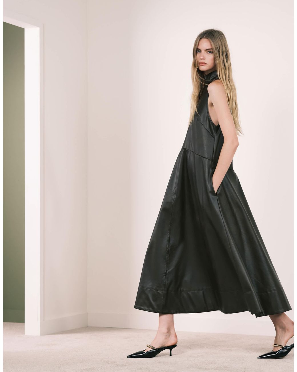 ASOS High Neck Leather Look Maxi Dress With Stitching Detail in Black | Lyst