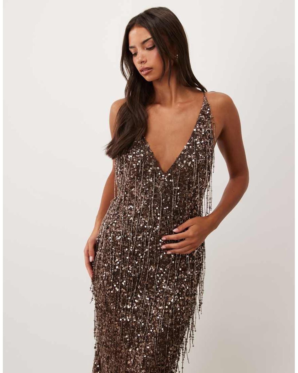 ASOS Brown Mixed Sequin Plunge Cami Maxi Dress